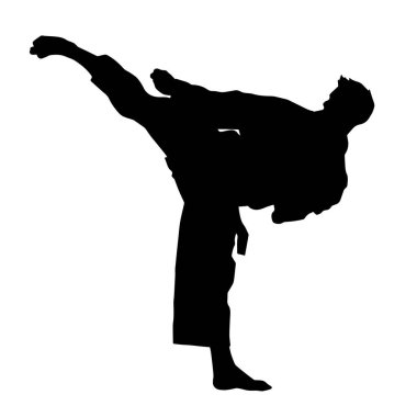Tekmeleyen bir adamın silueti. Hareketli bir erkek dövüş sanatının silueti..