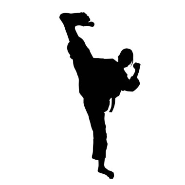 Tekmeleyen bir kadının silueti. Hareket halindeki bir kadın dövüş sanatının silüeti..
