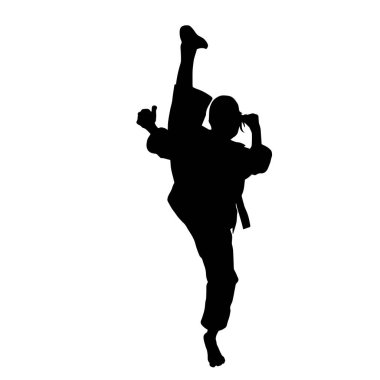 Tekmeleyen bir kadının silueti. Hareket halindeki bir kadın dövüş sanatının silüeti..