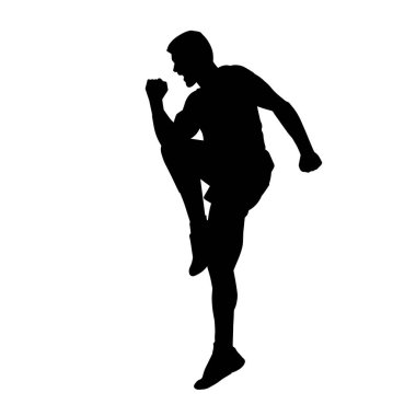 Sportif bir erkeğin silueti spor salonunda poz veriyor. Aerobik yapan zayıf bir adamın silueti..