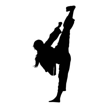 Tekmeleyen bir kadının silueti. Hareket halindeki bir kadın dövüş sanatının silüeti..