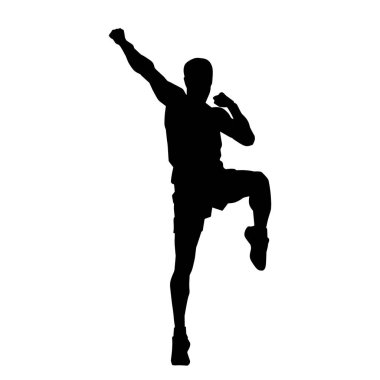 Sportif bir erkeğin silueti spor salonunda poz veriyor. Aerobik yapan zayıf bir adamın silueti..