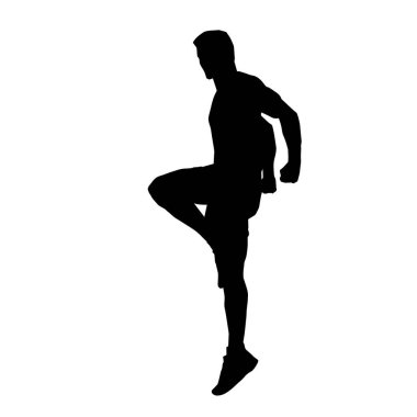 Sportif bir erkeğin silueti spor salonunda poz veriyor. Aerobik yapan zayıf bir adamın silueti..