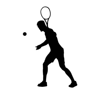 Hareketli bir erkek tenisçinin silueti. Raketle tenis oynayan bir adamın silueti..