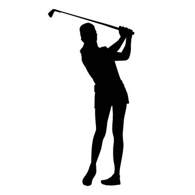 Golf oynayan bir kadının silüeti. Hareketli bir kadın golfçünün silueti..