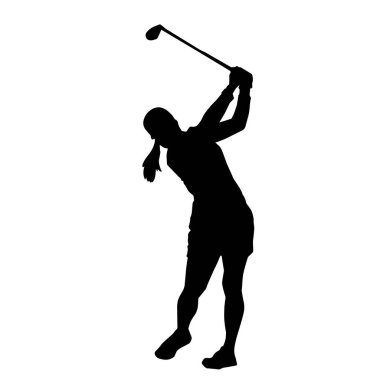 Golf oynayan bir kadının silüeti. Hareketli bir kadın golfçünün silueti..