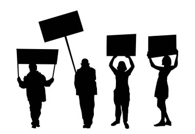 Protesto için ellerinde posterler tutan kadın ve erkeklerin silueti. Gösteriyi protesto eden kalabalığın silueti. 