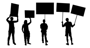 Protesto için ellerinde posterler tutan kadın ve erkeklerin silueti. Gösteriyi protesto eden kalabalığın silueti. 