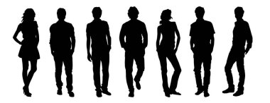 Siluet koleksiyonu şık erkek ve kadın ayakta ve yürüyor. Bir grup şık insanın silueti. Ofisteki insanlar kalabalık..