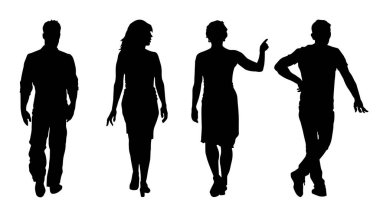 Siluet koleksiyonu şık erkek ve kadın ayakta ve yürüyor. Bir grup şık insanın silueti. Ofisteki insanlar kalabalık..