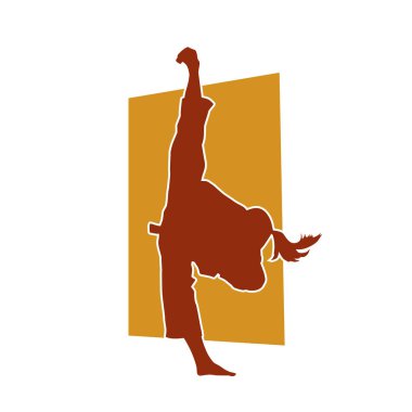 Tekmeleyen bir kadının silueti. Hareket halindeki bir kadın dövüş sanatının silüeti..