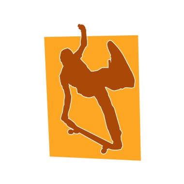 Hareket halindeki bir erkek silueti kaykay üzerinde poz veriyor. Kaykaylı bir şehir çocuğunun silueti..