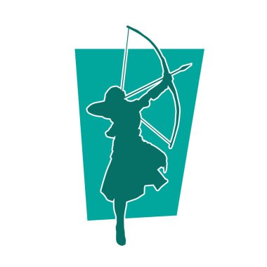 Kadın okçunun silueti hareket halinde. Okçuluk silahı olan bir kadın savaşçının silüeti.. 