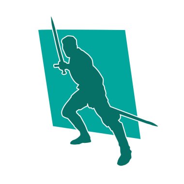 Savaş zırhı giymiş bir erkek savaşçının silueti. Kılıç ile poz veriyor..