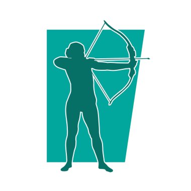 Okçuluk silahı taşıyan kadın savaşçının silueti. Harekete geçmiş bir kadın okçunun silüeti..