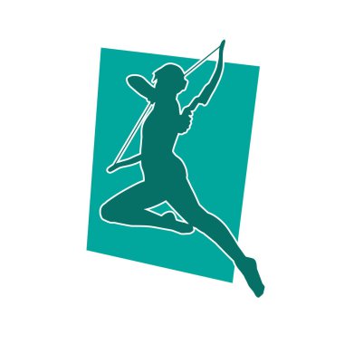 Okçuluk silahı taşıyan kadın savaşçının silueti. Harekete geçmiş bir kadın okçunun silüeti..