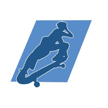 Hareket halindeki bir erkek silueti kaykay üzerinde poz veriyor. Kaykaylı bir şehir çocuğunun silueti..