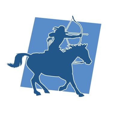 Eski bir süvari askerinin silueti okçuluk silahına nişan alıyor. Koşan atında bir okçunun silüeti..