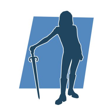 Bir kadın dövüşçünün silueti kılıç taşırken poz veriyor..