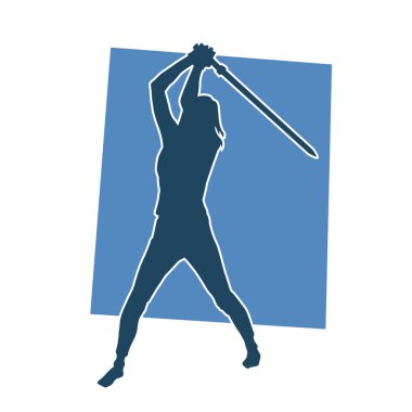 Bir kadın dövüşçünün silueti kılıç taşırken poz veriyor..