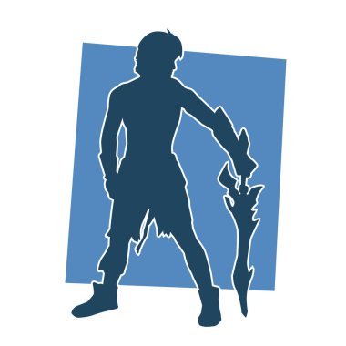 Bir erkek savaşçının silueti kılıçla poz veriyor. Kılıç taşıyan bir savaşçının silueti..