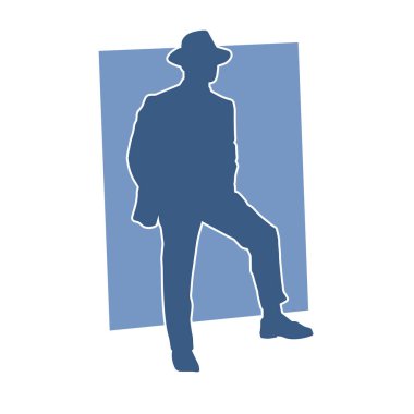 Bir beyefendinin silueti iş elbisesi ya da paltosu giyiyor ve şapka takıyor..