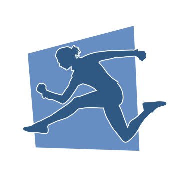 Sportif bir kadın atlama pozunun silüeti. Zayıf bir kadının silueti..