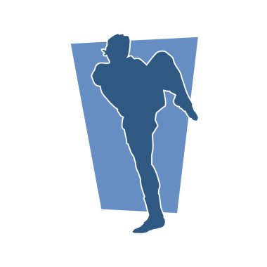 Dövüş sanatları ustasının silueti tekme hareketi yapıyor. Sportif bir erkeğin silueti dövüş sanatı pozu veriyor..