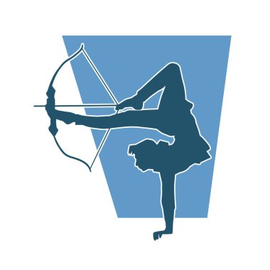 Kadın okçunun silueti akrobatik pozu hedefliyor..