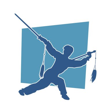Kung fu 'nun silueti ya da Wushu dövüş sanatları sporcusu pozu. Kılıçlı bir erkek dövüş sanatının silueti..