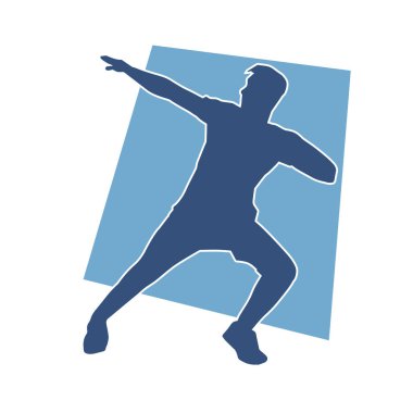 Sportif bir erkeğin silueti spor salonunda poz veriyor. Aerobik yapan zayıf bir adamın silueti..