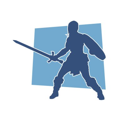 Kılıç ve demir kalkan taşıyan bir kadın savaşçının silueti..