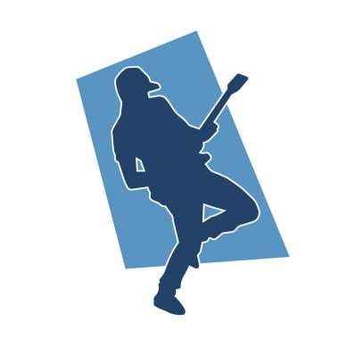 Elektro gitar çalan bir müzisyenin silueti. Bir erkek gitaristin silueti.