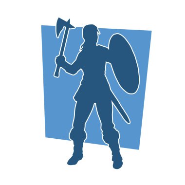 Savaş zırhlı, balta ve demir kalkan taşıyan seksi bir kadın savaşçının silueti..