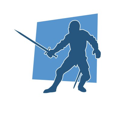 Savaş zırhı giymiş bir erkek savaşçının silueti. Kılıç ile poz veriyor..