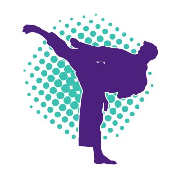 Dövüş sanatları pozu veren bir erkeğin silueti. Dövüş sanatları ustasının silueti tekme atma pozu veriyor..