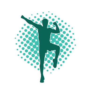 Sportif bir erkeğin silueti spor salonunda poz veriyor. Aerobik yapan zayıf bir adamın silueti..
