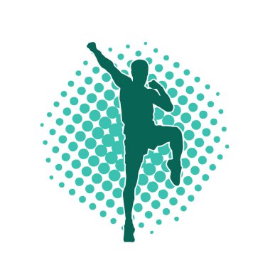 Sportif bir erkeğin silueti spor salonunda poz veriyor. Aerobik yapan zayıf bir adamın silueti..