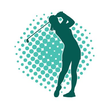 Golf oynayan bir kadının silüeti. Hareketli bir kadın golfçünün silueti..