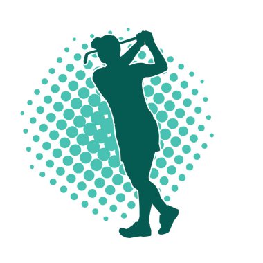 Golf oynayan bir kadının silüeti. Hareketli bir kadın golfçünün silueti..