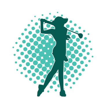 Golf oynayan bir kadının silüeti. Hareketli bir kadın golfçünün silueti..