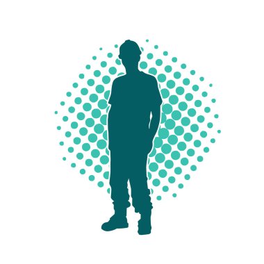 İnşaat işçisi kostümlü bir adamın silueti. İnşaat işçisinin silueti pozda.. 