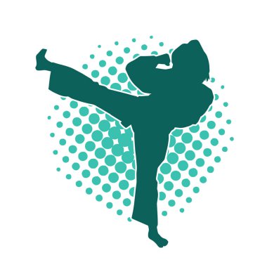Dövüş sanatları tekmesi atan bir kadının silueti. Sportif bir kadının silueti tekme hareketi yapıyor..