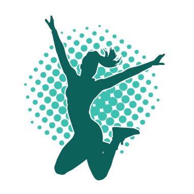 Neşeli bir şekilde atlayan mutlu, zayıf bir kadının silueti.