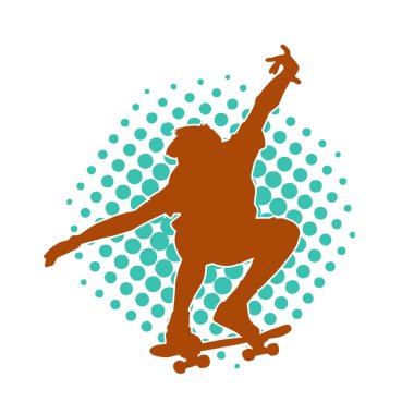 Hareket halindeki bir erkek silueti kaykay üzerinde poz veriyor. Kaykaylı bir şehir çocuğunun silueti..