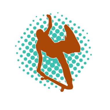 Hareket halindeki bir erkek silueti kaykay üzerinde poz veriyor. Kaykaylı bir şehir çocuğunun silueti..