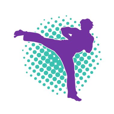 Dövüş sanatları pozu veren bir erkeğin silueti. Dövüş sanatları ustasının silueti tekme atma pozu veriyor..