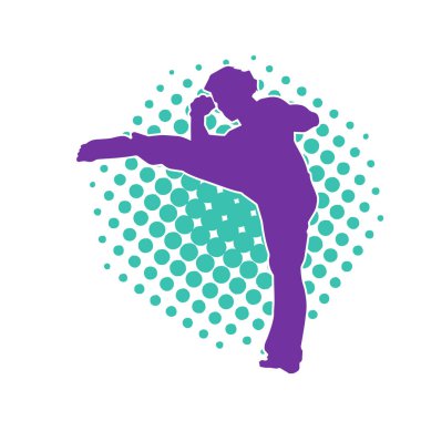 Dövüş sanatları pozu veren bir erkeğin silueti. Dövüş sanatları ustasının silueti tekme atma pozu veriyor..