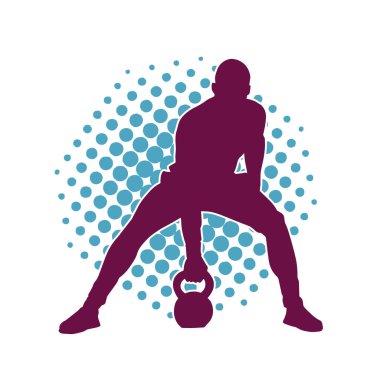 Spor salonunda ağırlık kaldıran kaslı bir erkeğin silueti. Egzersiz yapan kaslı bir adamın silüeti halter kaldırıyor..