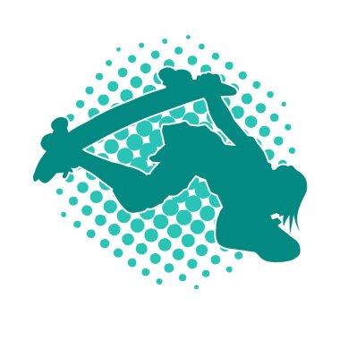 Hareket halindeki bir erkek silueti kaykay üzerinde poz veriyor. Kaykaylı bir şehir çocuğunun silueti..